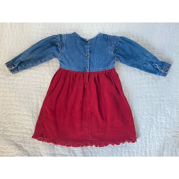 Osh Kosh B Gosh Dress Denim & Red Corduroy Rosebud Applique Ruffle Hem Size 4T - Picture 3 of 12